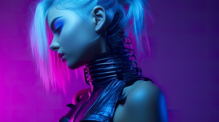 futuristic fantasy woman in neon cyberpunk glow portrait, future sci fi concept
