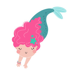 Cute little mermaid character, children's illustration, print in flat style.