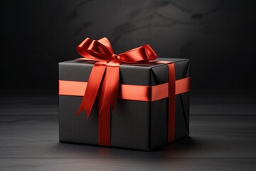 elegant black gift box with red silk ribbon, Black Friday. Generative AI - obrazy, fototapety, plakaty