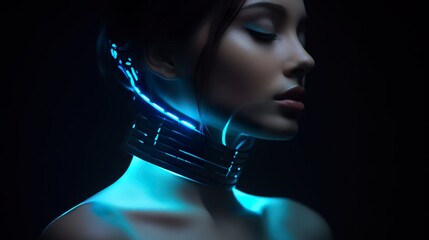seductive young female in futuristic neon glowing choker, necklace or collar, beauty cyberpunk concept, in style of sci-fi and fantasy