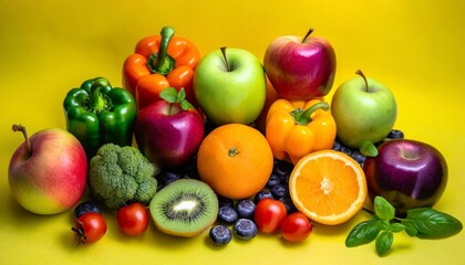 fruits and vegetables on the yellow background, healthy food