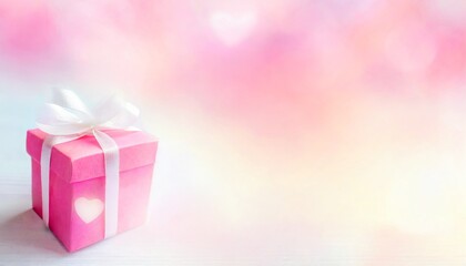 pink gift box with ribbon on the pink background, copy space, blur