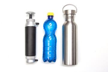 water filter and water flask on white background
