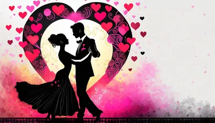 Gordijnen Valentine's Day background with heart, couple dancing © Natalya