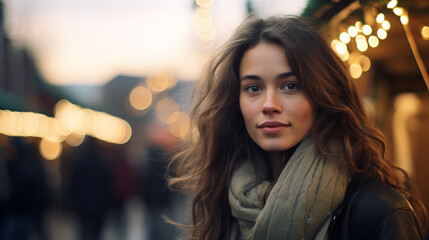 Fototapeta premium Generative AI, Beautiful young woman in the Christmas fair, blurred background, winter street market in Europe.