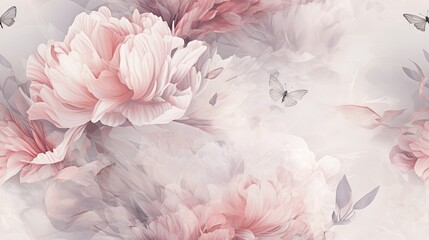  a bunch of pink flowers with a butterfly on a white and pink background with a butterfly in the middle of the photo.  generative ai