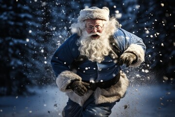 Fototapeta premium Santa Claus runs for presents, delivers Christmas presents. Smiling old man with a white beard