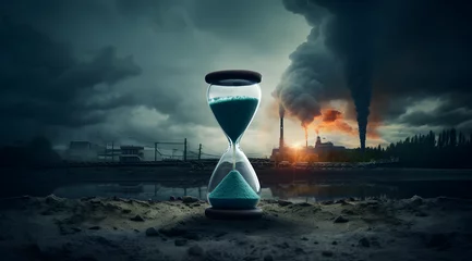 Fotobehang Hourglass on a sandy ground against a smoking factory backdrop, symbolizing the urgent fight against climate change.   © Jan