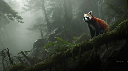 A solitary red panda exploring a dense, misty bamboo forest in the Himalayas.