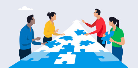 Build your way forward to success. Putting together a puzzle arrow sign poiting forward. People dressed casually putting together a arrow puzzle. Vector illustration  - obrazy, fototapety, plakaty