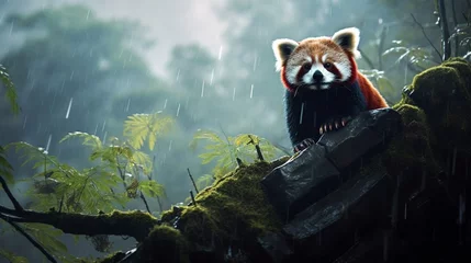 Foto op Plexiglas A solitary red panda exploring a dense, misty bamboo forest in the Himalayas. © Faisal Ai