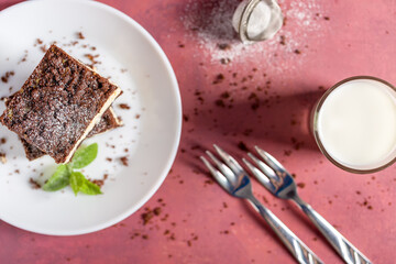 Cheese cake. Homemade cheesecake with mint for dessert