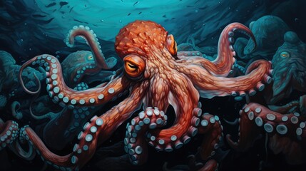 Obraz premium a painting of an octopus in a deep blue sea with bubbles and bubbles on the bottom of it's head. generative ai