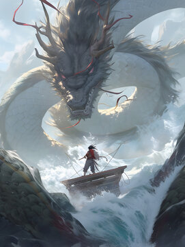 A FIGHTER STANDING INFRONT OF A HUGE DRAGON 