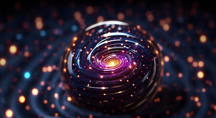 Spiral rotation of a light sphere with colored particles on its surface - obrazy, fototapety, plakaty