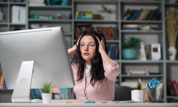 Angry Woman Screaming At Pc Computer In Office