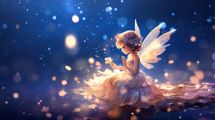 little girl fairy angel sitting on rock with firefly light glow around blue background, Generative Ai - obrazy, fototapety, plakaty