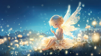 Obraz na płótnie Canvas little girl fairy angel sitting on rock with firefly light glow around blue background, Generative Ai
