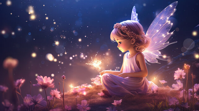 little girl fairy angel sitting on rock with firefly light glow around blue background, Generative Ai