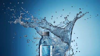 Closeup of one single full water bottle surounded by water splash isolated on blue background - obrazy, fototapety, plakaty