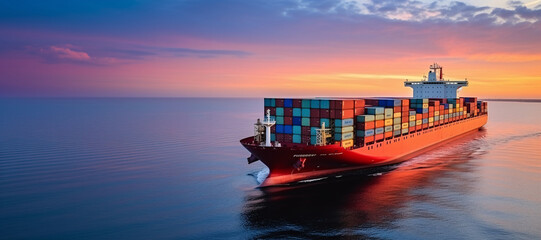 International Container Cargo ship in the ocean at sunset sky, Freight Transportation, Nautical Vessel