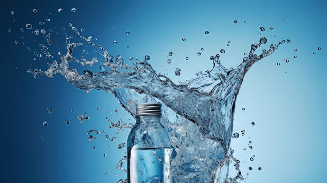 Closeup of one single full water bottle surounded by water splash isolated on blue background