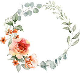 Watercolor floral illustration. Orange flowers eucalyptus greenery wreath. Red roses, peach peony  border. Boho floral  frame. Perfect for wedding invitation,  stationary, greetings, fashion design