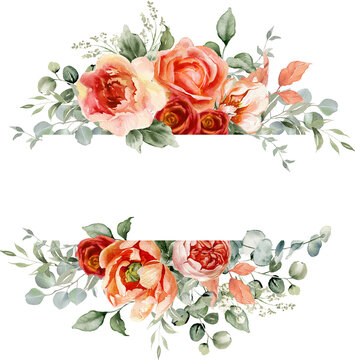 Watercolor floral illustration. Orange flowers eucalyptus greenery bouquet. Red roses, peach peony  border, wreath, frame. Perfect for wedding invitation,  stationary, greetings, fashion design