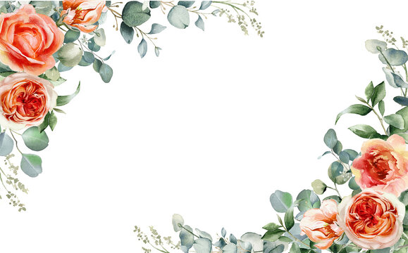 Watercolor floral illustration. Orange flowers eucalyptus greenery corner border.  Red roses, peach peony frame. Perfect for wedding invitation,  stationary, greetings, fashion design