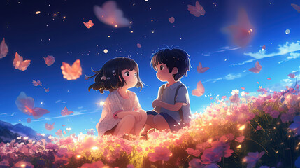 Obraz premium little girl and boy childhood friend sitting together in pink flower field at dawn under starry sky, anime wallpaper design, Generative Ai