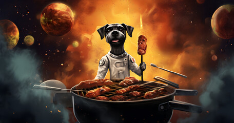 A funny astronaut dog grilling in a galactic setting, surrounded by stars and planets. - obrazy, fototapety, plakaty