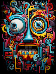 colorful graffiti art with abstract face on black background. Album cover or poster for a music or art event.