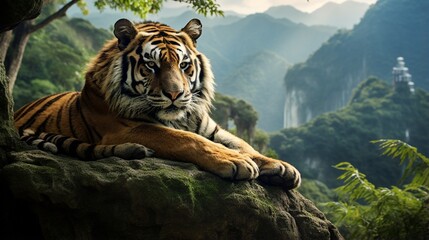 A South China tiger resting on a mossy rock ledge overlooking a picturesque valley in China.