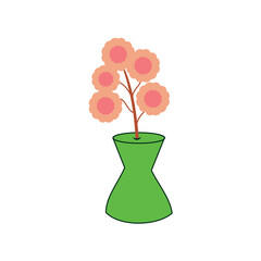 Flower in vase icon. Flat color design. Vector illustration. Cartoon green vase with pink flowers inside for table decoration