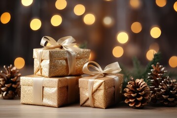 Golden gift boxes and pine cones on a blurred festive background, Christmas, Generative AI