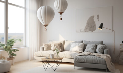 Cozy atmosphere of a home. Home interior in light colors. Stylish contemporary minimalistic design. Cozy and minimalist apartment interior inspired by Scandinavian design with big couch and window.