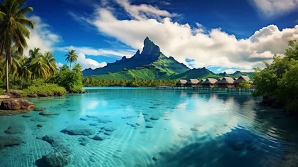 Crédence de cuisine en verre imprimé Turquoise A peaceful and tranquil lagoon in Bora Bora, French Polynesia, with crystal-clear waters and overwater bungalows dotting the shoreline. create using a generative ai tool 