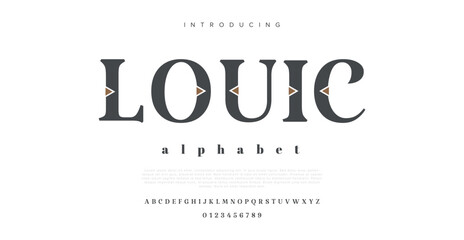 LOUIC Minimal font creative modern alphabet. Typography with dot regular and number. minimalist style fonts set. vector illustration - obrazy, fototapety, plakaty