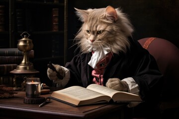 A cat dressed as a judge is sitting at a desk. Generative AI.