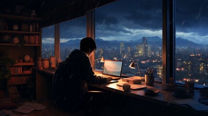 Cool Lofi boy studying at her desk Rainy or cloudy outside beautiful chill atmospheric wallpaper 4K streaming background. create using a generative ai tool 
