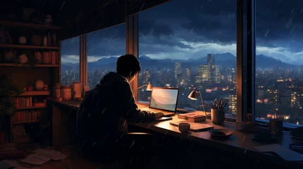Foto op Canvas Cool Lofi boy studying at her desk Rainy or cloudy outside beautiful chill atmospheric wallpaper 4K streaming background. create using a generative ai tool  © Ahtesham