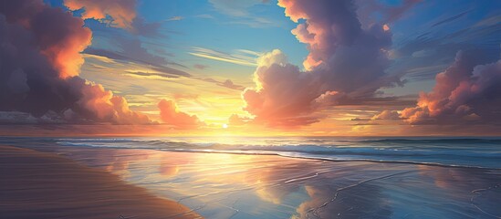 The golden sun set against a backdrop of vibrant blue clouds casting a mesmerizing glow over the serene beach where the rhythmic waves kissed the shore capturing the true beauty of nature i