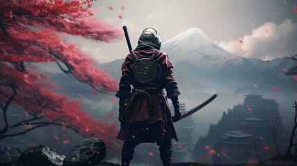 Epic samurai wallpaper from behind looking slightly to the right, face covered in the hood, insane. create using a generative ai tool  - obrazy, fototapety, plakaty