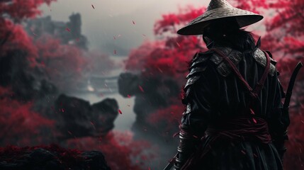 Epic samurai wallpaper from behind looking slightly to the right, face covered in the hood, insane. create using a generative ai tool  - obrazy, fototapety, plakaty