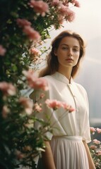 A young woman in a white dress standing in front of pink flowers. Generative AI.