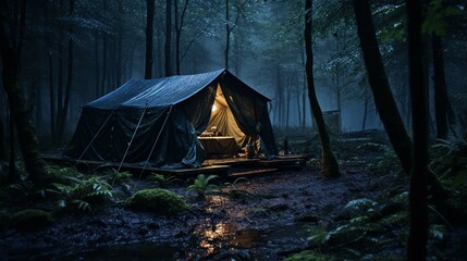 rain on the tent in the forest, tropic, quiet, calm, peaceful, meditation, camping, night, relax. create using a generative ai tool 