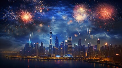 fireworks over night city sky, holiday background, bright colorful lights