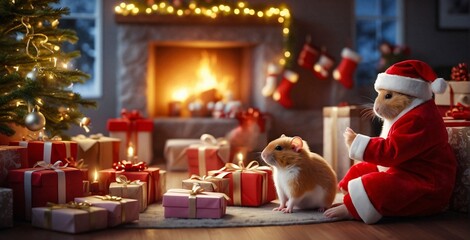 A family of funny cute hamsters dressed up in Christmas sweaters and a red hat pose on a Christmas background with gifts and a Christmas tree. Concept. Digital painting illustration. Generative AI