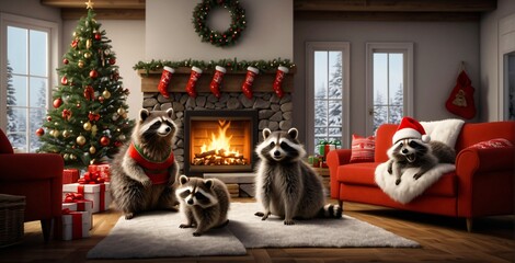 A family of raccoons break in into the apartment and are warming themselves in front of the fireplace in the room. Concept. Digital painting illustration. Generative AI