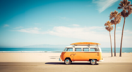 A vintage camper van with surfboard on a sunny beach, framed by palm trees, nostalgic vibes. Generated AI. - obrazy, fototapety, plakaty